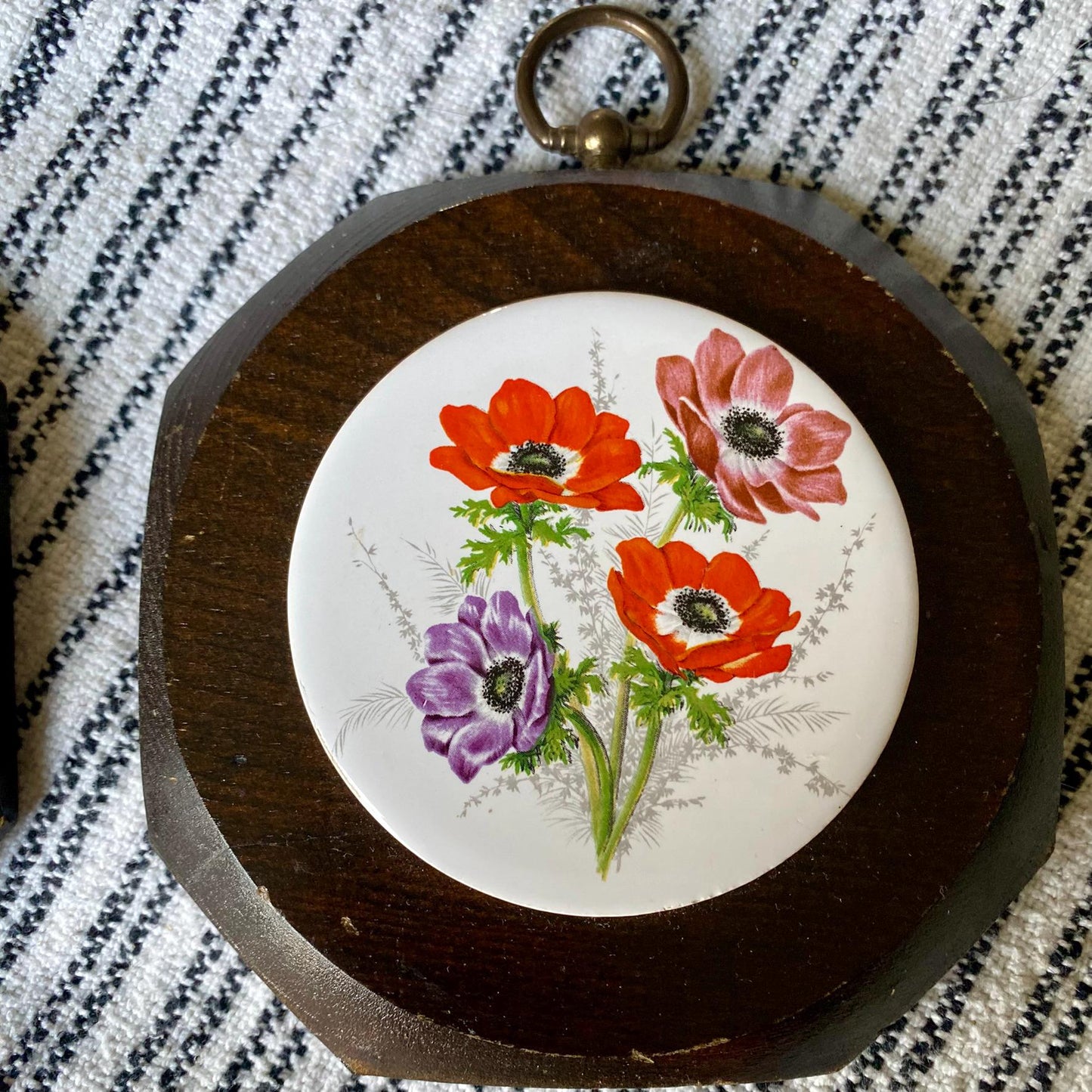 Vintage Floral Trivet Tiles on Wooden Base - Wall Hanging