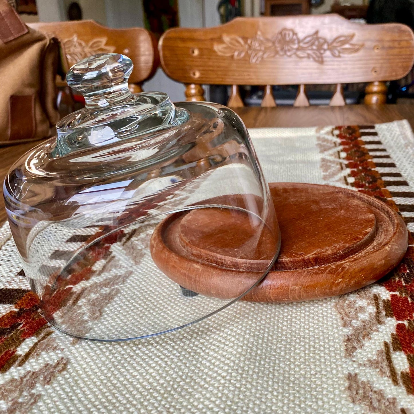 Vintage Dolphin Danish Modern Teak Wood Cheeseball Serving Tray with Glass Cover