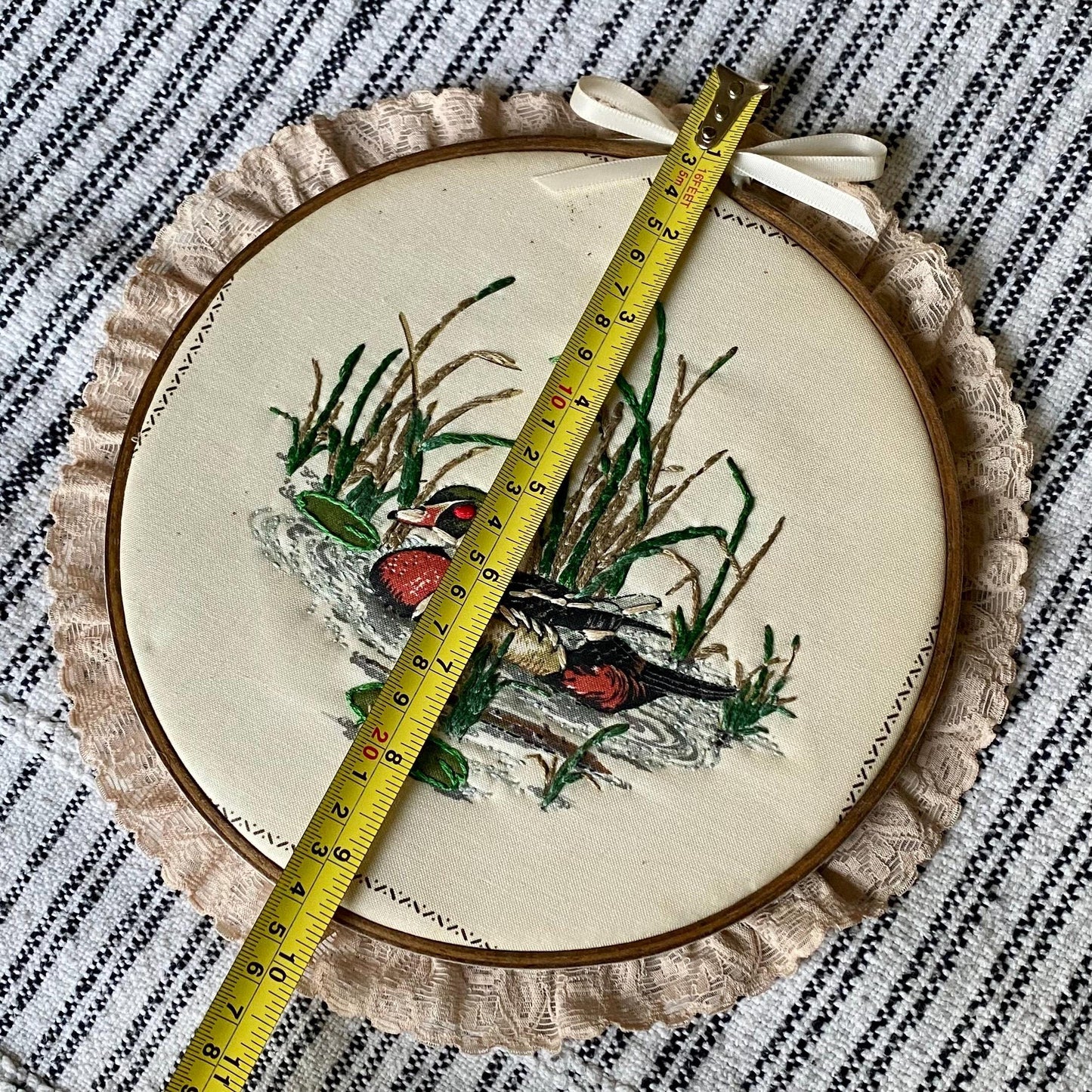 Vintage Duck Themed Hand Embroidered Hoop with Lace Trim