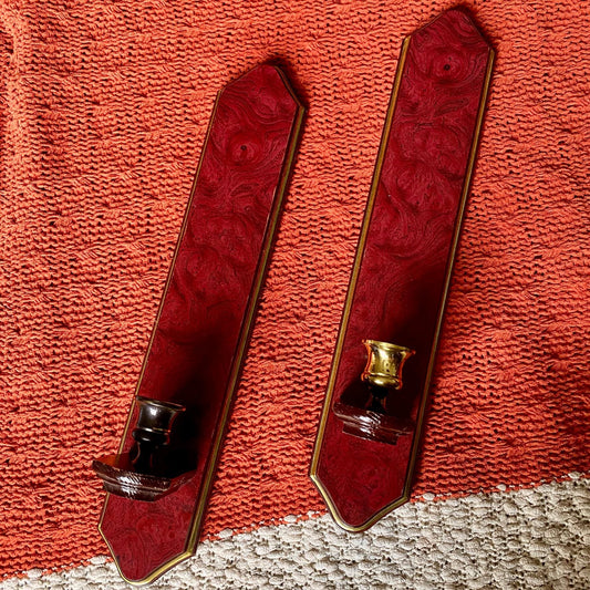 Set of Two Vintage Home Interiors Cherry Wood Wall Sconce / Candle Holders