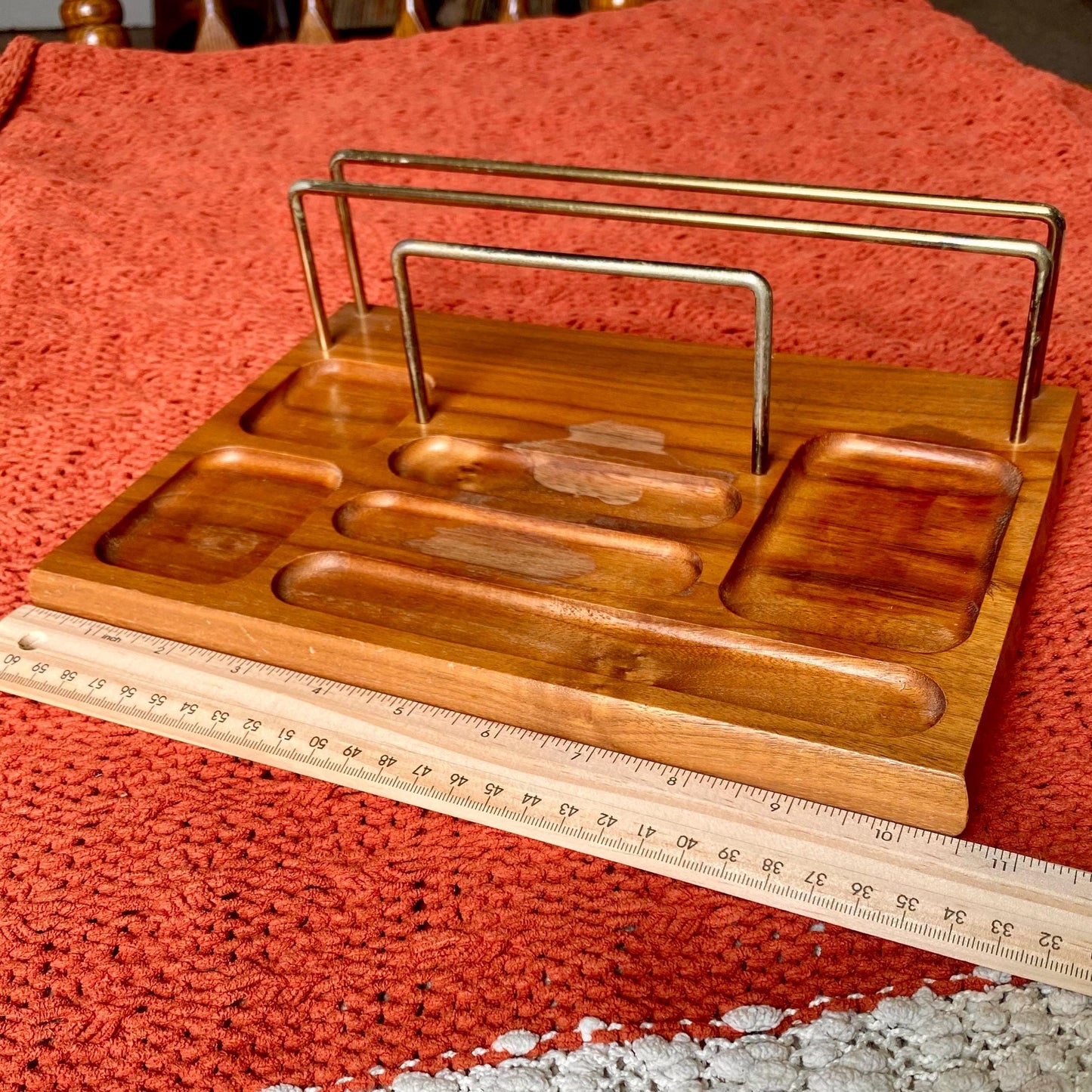 Vintage Dresser Valet Stand Organizer Tray Solid Oak and Brass with Felt Feet