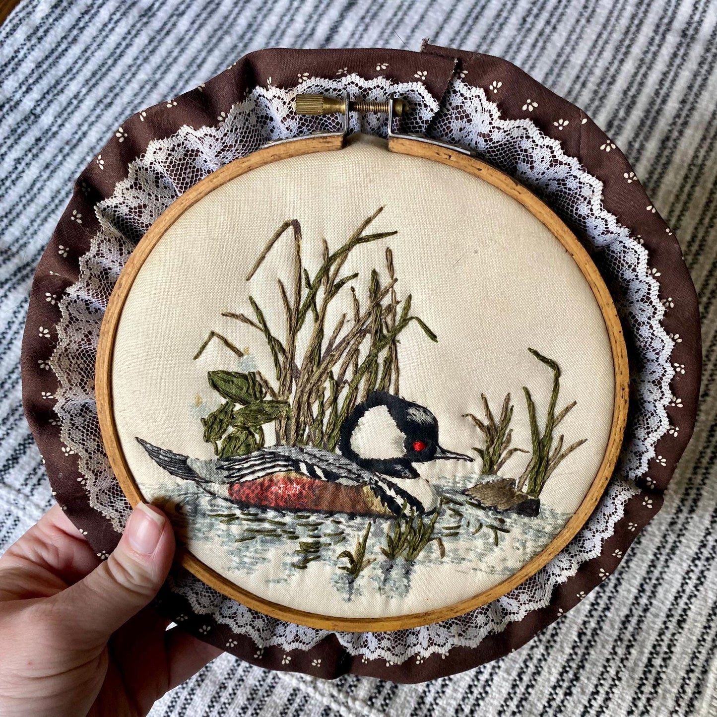 Vintage Duck Themed Hand Embroidered Hoop with Lace Trim