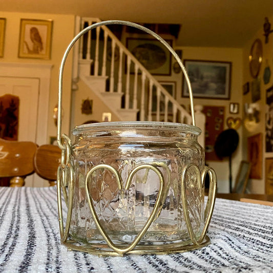 Home Interiors Gold Wire Heart Basket with Removable Glass Jar
