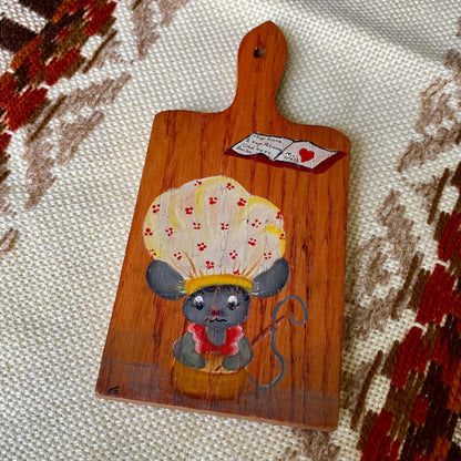 Vintage Hand-Painted Wooden Cutting Board Featuring Baking Mouse