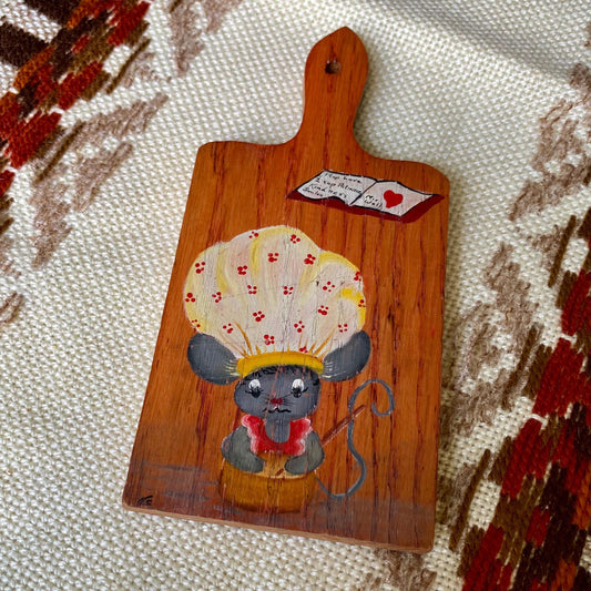 Vintage Hand-Painted Wooden Cutting Board Featuring Baking Mouse