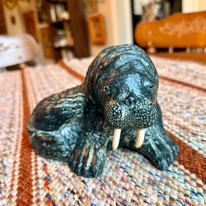 Vintage Wolf Sculptures Hand Carved Canadian Soap Stone Walrus