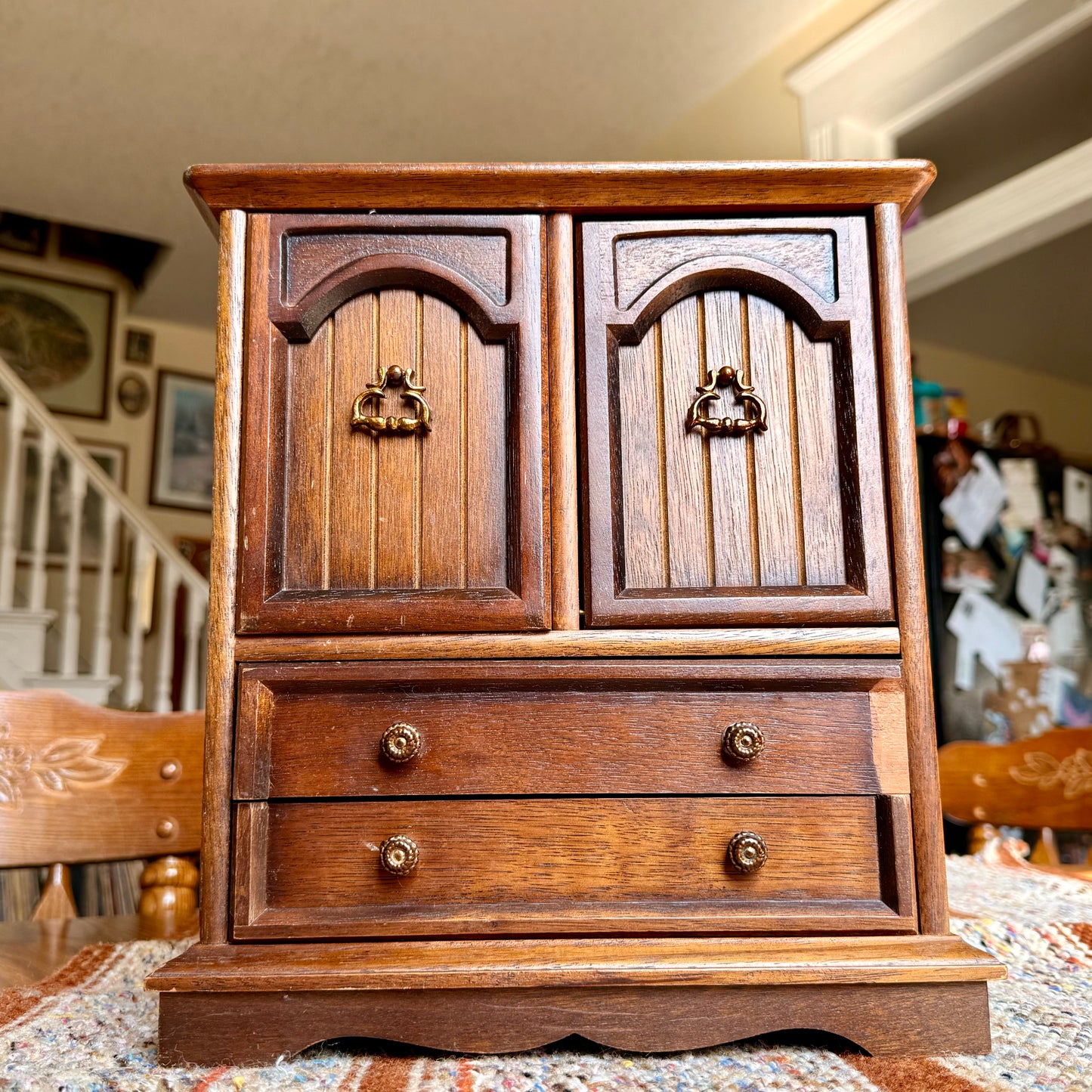 Vintage Wooden Armoire Music Box Jewelry Box with Brass Handles