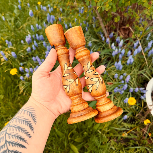 Hand Woodburned and Stained Candle Holders