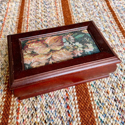 Vintage Wooden Jewelry Box w/ Inlaid Floral Tapestry and Removable Jewelry Tray