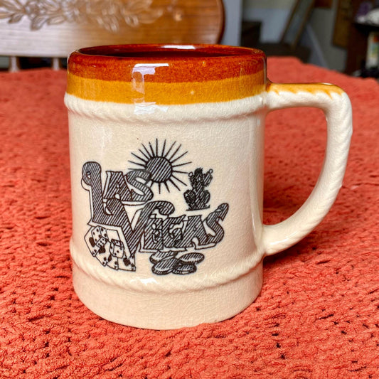 Vintage 70s Graphic Las Vegas Retro Souvenir Beer Mug w/ Rope Trim