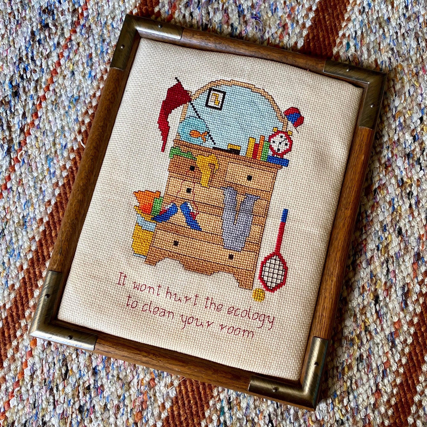 Vintage Messy Room Framed Needlepoint Cross Stitch - Clean Your Room