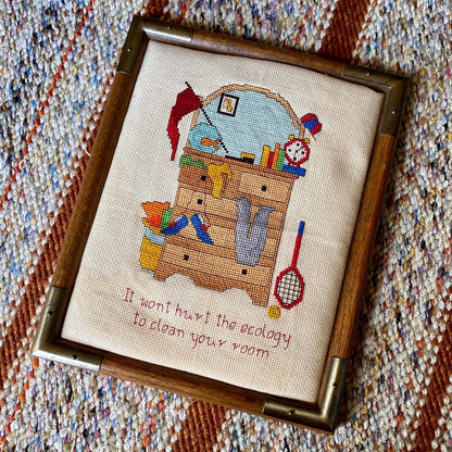 Vintage Messy Room Framed Needlepoint Cross Stitch - Clean Your Room