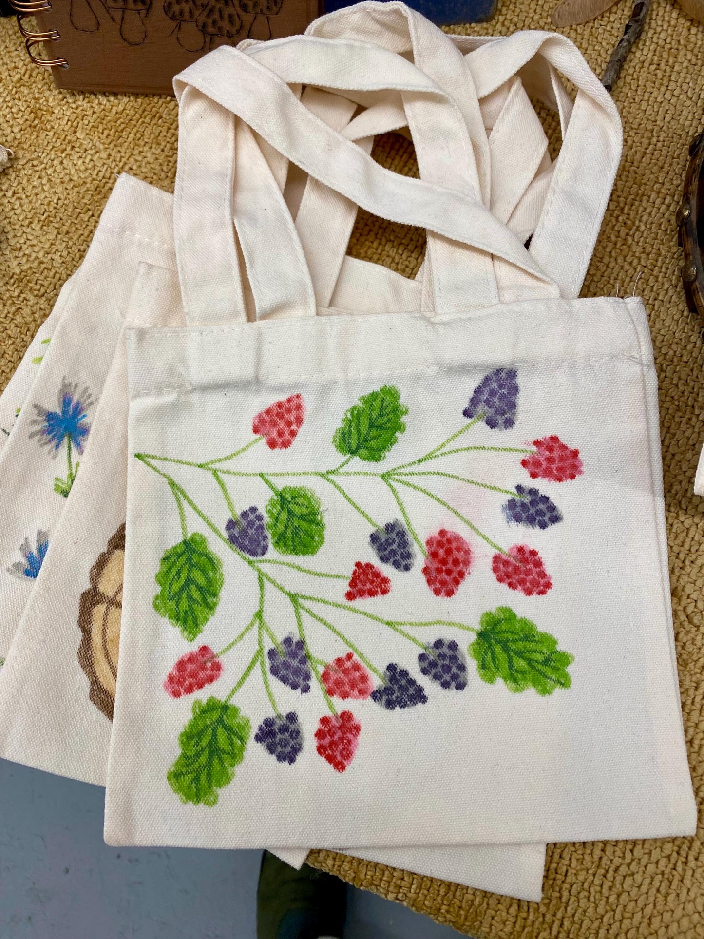 Nature Themed Hand Drawn Mini Tote Bag 8x7.5”