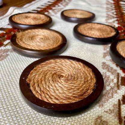 Set of 6 round  Vintage Mid-Century Modern wood and jute coasters