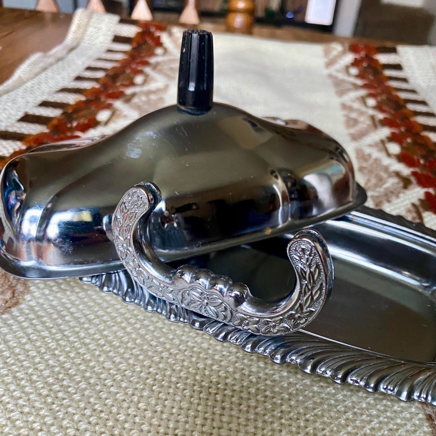 Vintage Chrome Ornate Butter Dish With Knife Holder