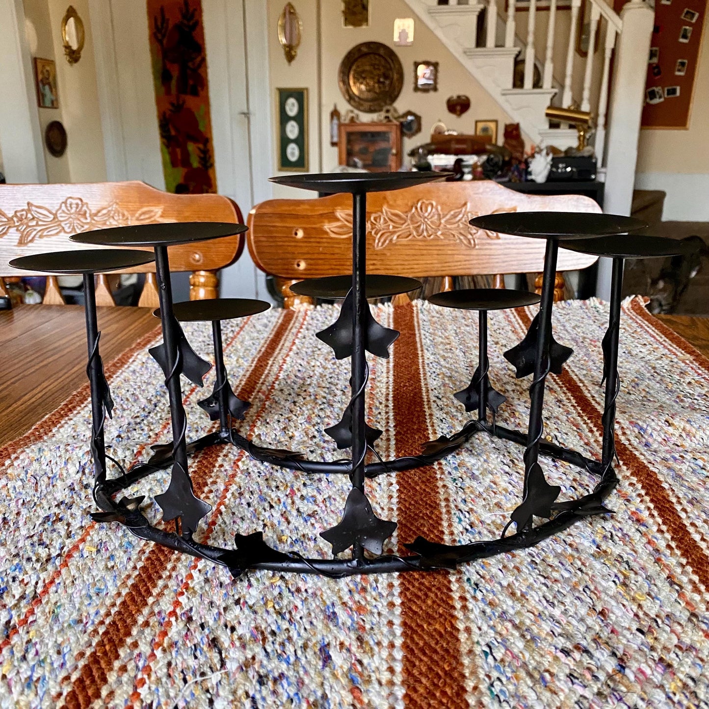 Vintage Wrought Iron 8 Pillar Candle Candelabra w/ Leaf Design