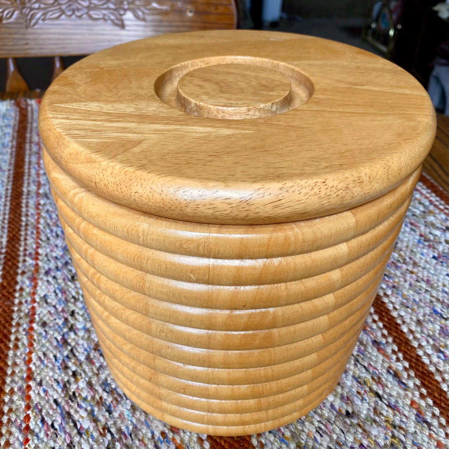 Heavy Wood Mid-Century Modern Ribbed Barware Ice Bucket