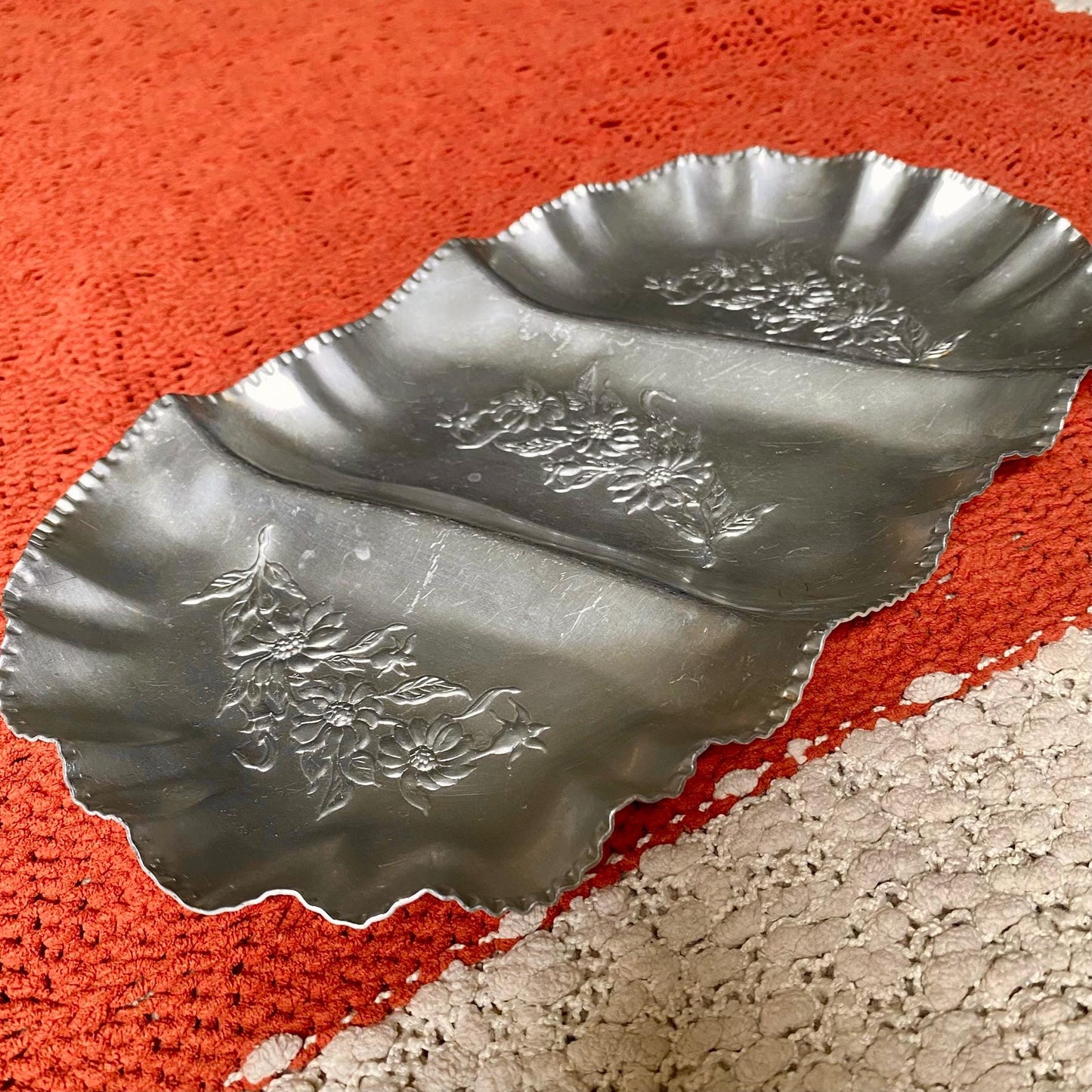 Three Sectioned Hand Wrought Aluminum Serving/Trinket Tray with Embossed Floral Design