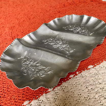 Three Sectioned Hand Wrought Aluminum Serving/Trinket Tray with Embossed Floral Design