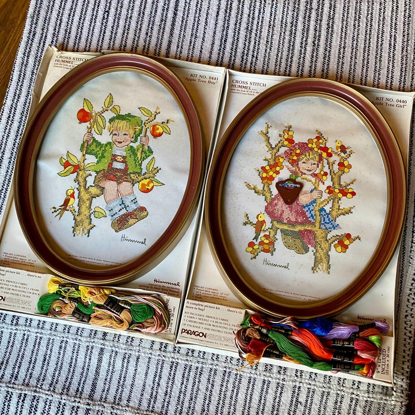 Set of 2 Vintage Paragon Needlepoint Cross Stitch Hummel Kits Apple Tree Boy and Girl