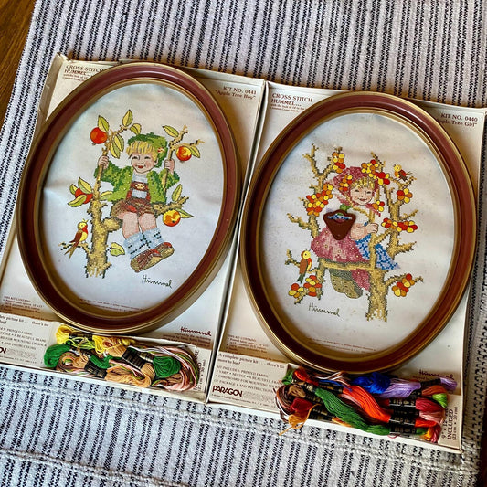 Set of 2 Vintage Paragon Needlepoint Cross Stitch Hummel Kits Apple Tree Boy and Girl