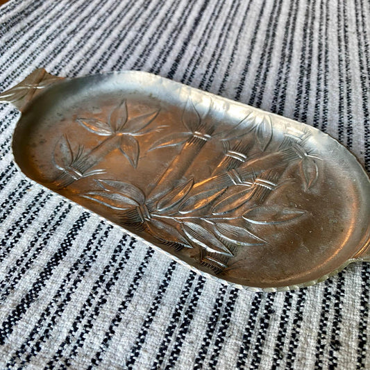 Vintage Bamboo Hand Forged Everlast Metal Aluminum Trinket Tray with Handles