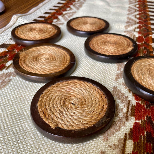Set of 6 round  Vintage Mid-Century Modern wood and jute coasters
