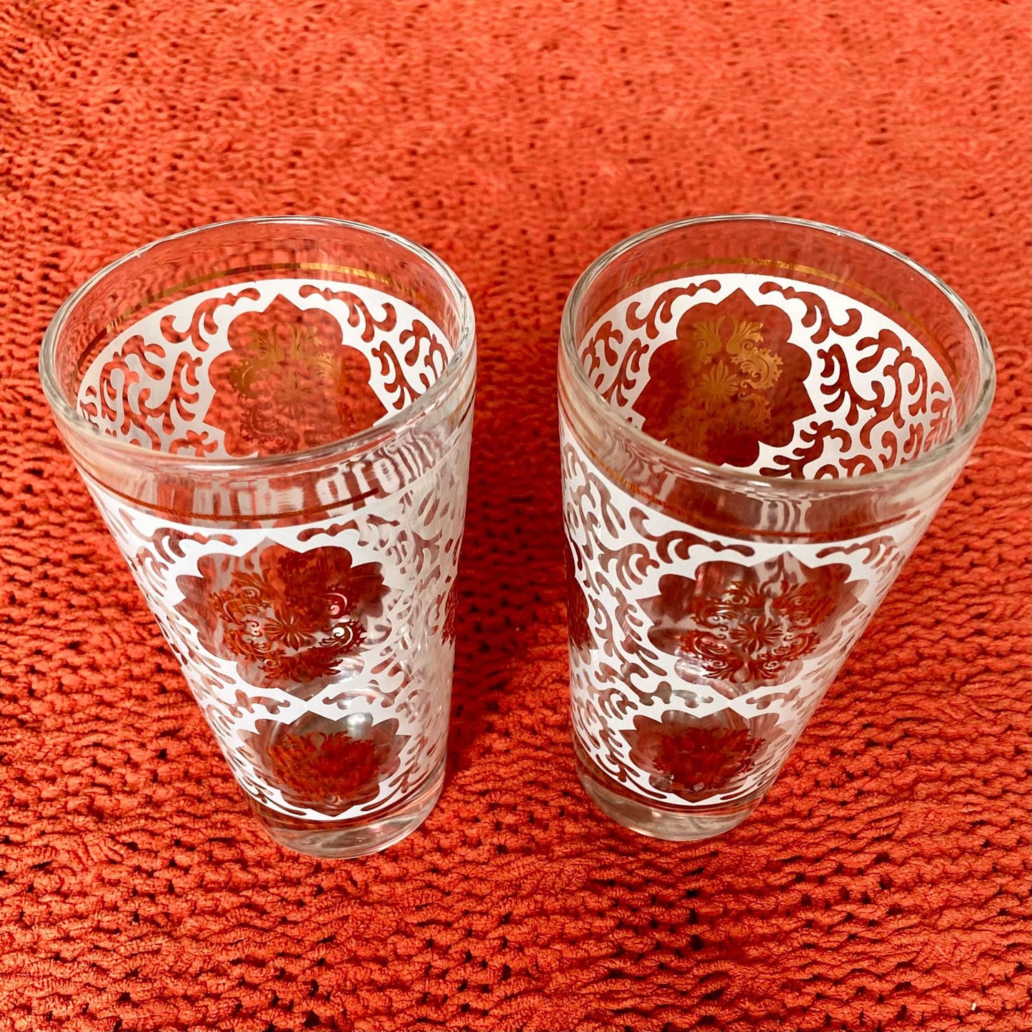 Set of Two Vintage White and Gold Lace Moroccan Moorish Tumbler Cocktail Glasses