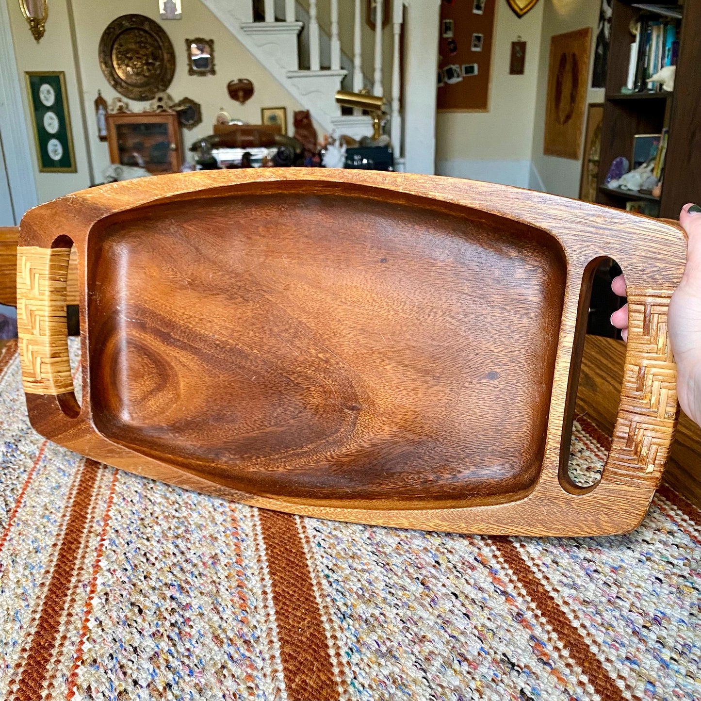 Mid-Century Modern Solid Acacia Koa Wood Gondola Tray with Rattan Handles