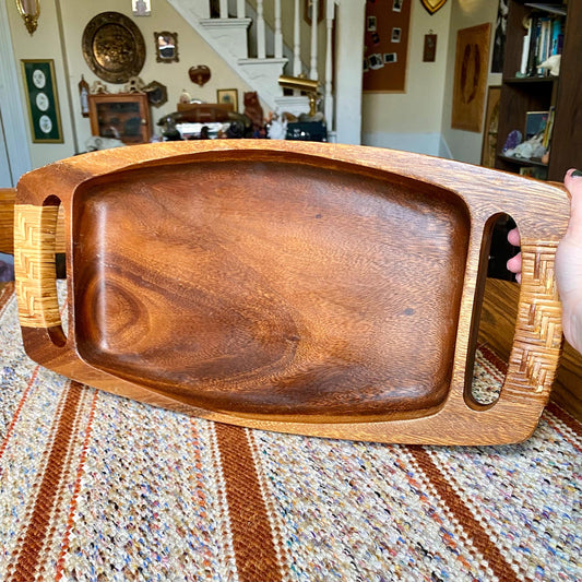 Mid-Century Modern Solid Acacia Koa Wood Gondola Tray with Rattan Handles
