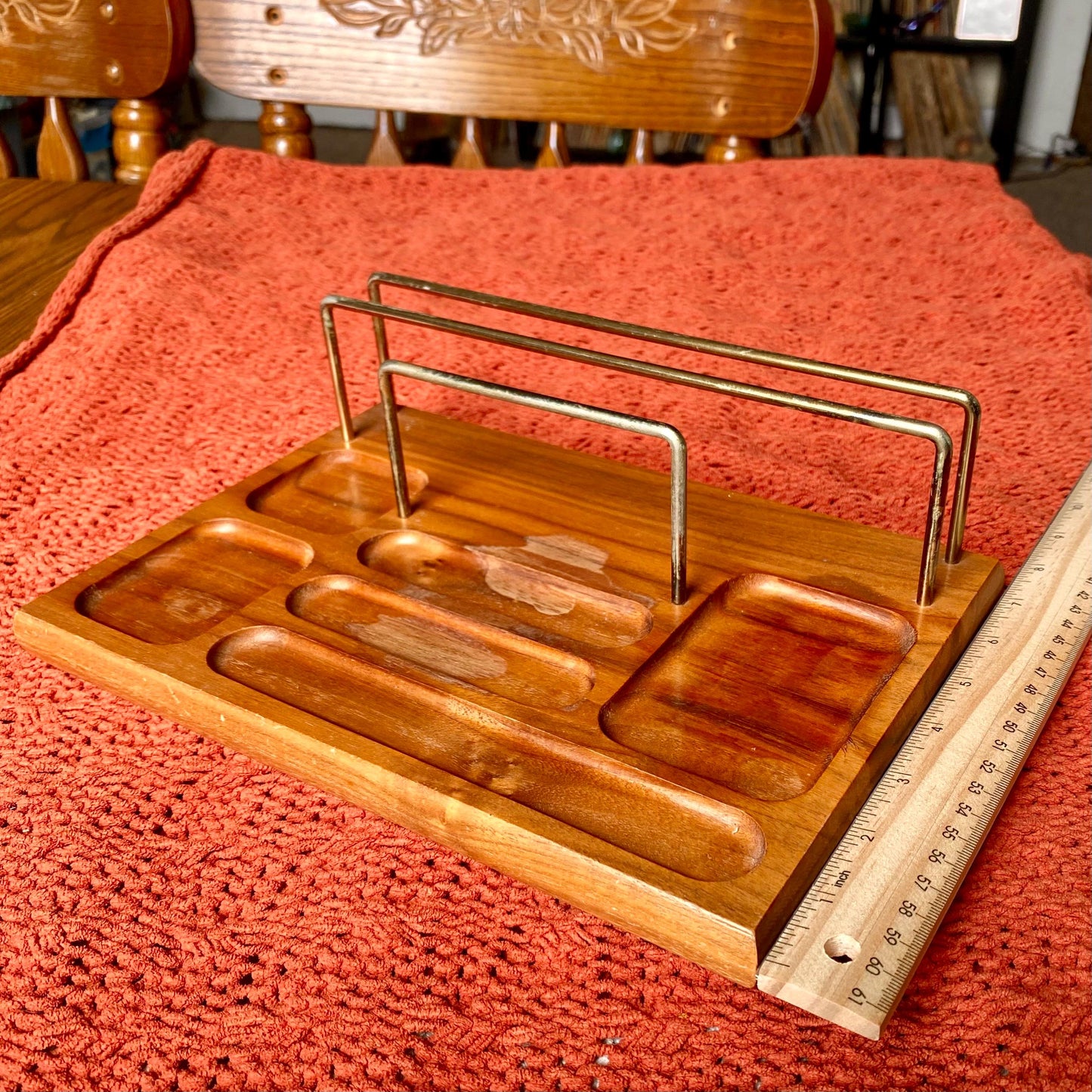 Vintage Dresser Valet Stand Organizer Tray Solid Oak and Brass with Felt Feet