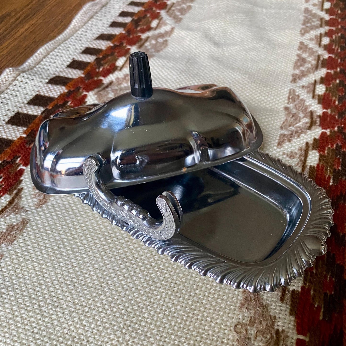 Vintage Chrome Ornate Butter Dish With Knife Holder