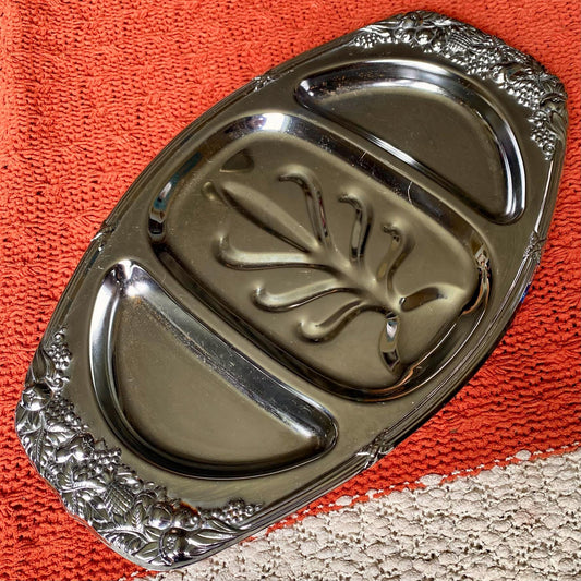 Vintage Shelton-Ware Chrome Serving / Trinket Tray with Three Compartments and Ornate Fruit Design on Edges