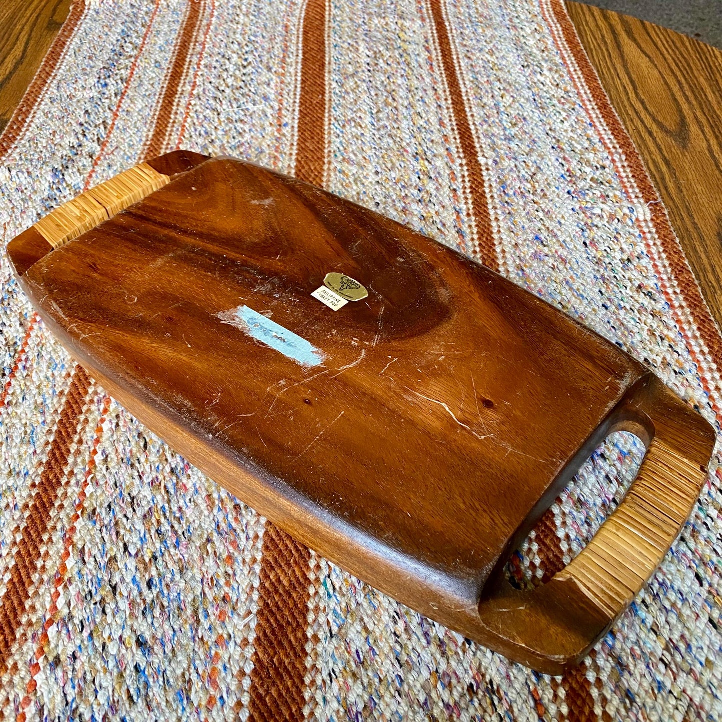 Mid-Century Modern Solid Acacia Koa Wood Gondola Tray with Rattan Handles