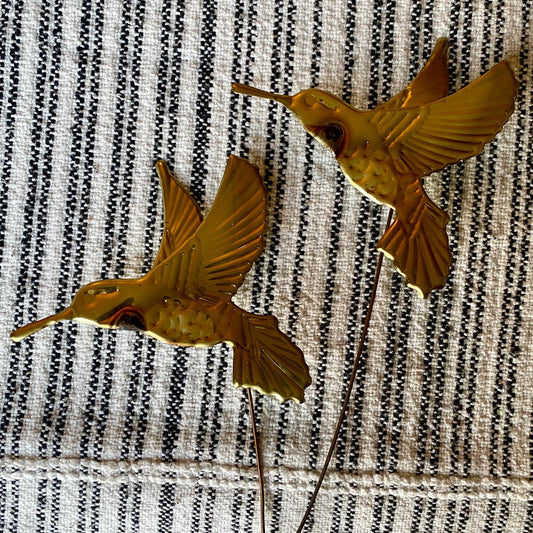Set Of Two Vintage Home Interiors Brass Hummingbird Plant Stakes / Wall Decor