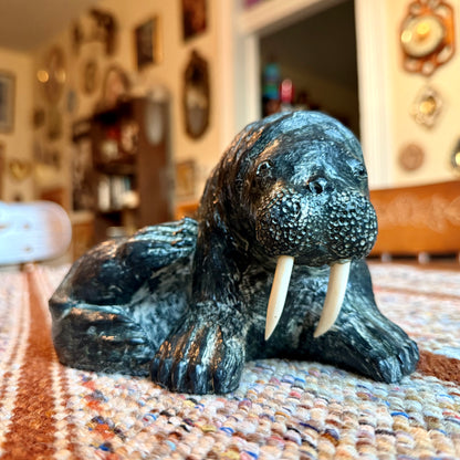 Vintage Wolf Sculptures Hand Carved Canadian Soap Stone Walrus