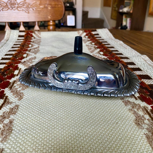 Vintage Chrome Ornate Butter Dish With Knife Holder