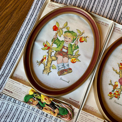 Set of 2 Vintage Paragon Needlepoint Cross Stitch Hummel Kits Apple Tree Boy and Girl