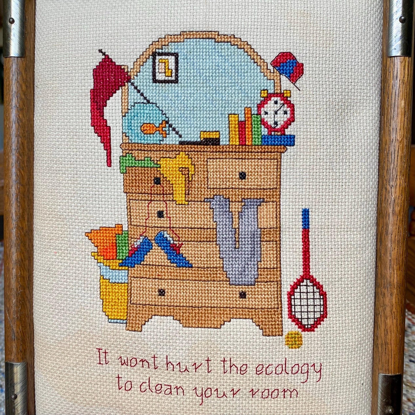 Vintage Messy Room Framed Needlepoint Cross Stitch - Clean Your Room