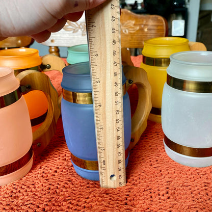 Set of 6 Mid-Century Modern Siesta Ware Frosted Glass Barrel Mugs with Carved Wooden Handles and Brass Bands