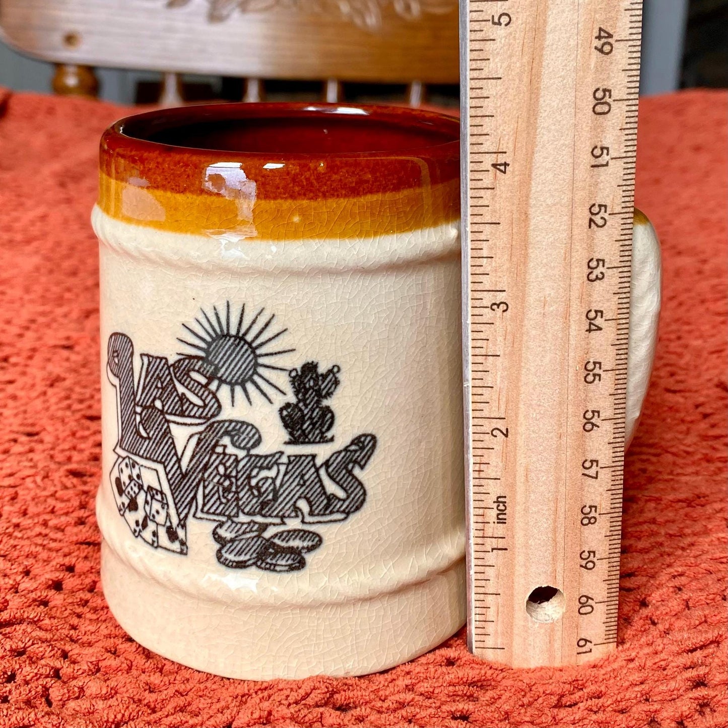 Vintage 70s Graphic Las Vegas Retro Souvenir Beer Mug w/ Rope Trim