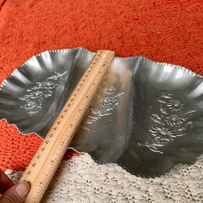 Three Sectioned Hand Wrought Aluminum Serving/Trinket Tray with Embossed Floral Design