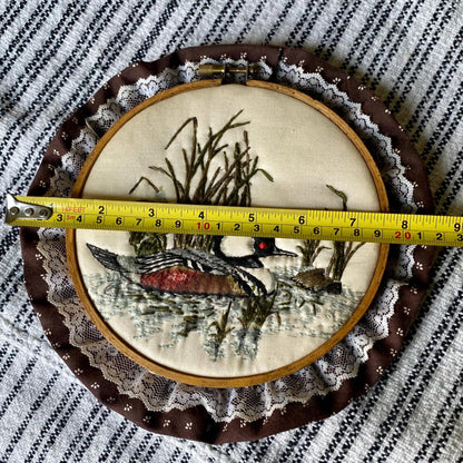 Vintage Duck Themed Hand Embroidered Hoop with Lace Trim