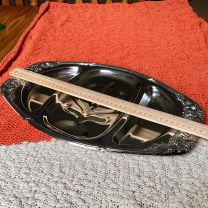 Vintage Shelton-Ware Chrome Serving / Trinket Tray with Three Compartments and Ornate Fruit Design on Edges
