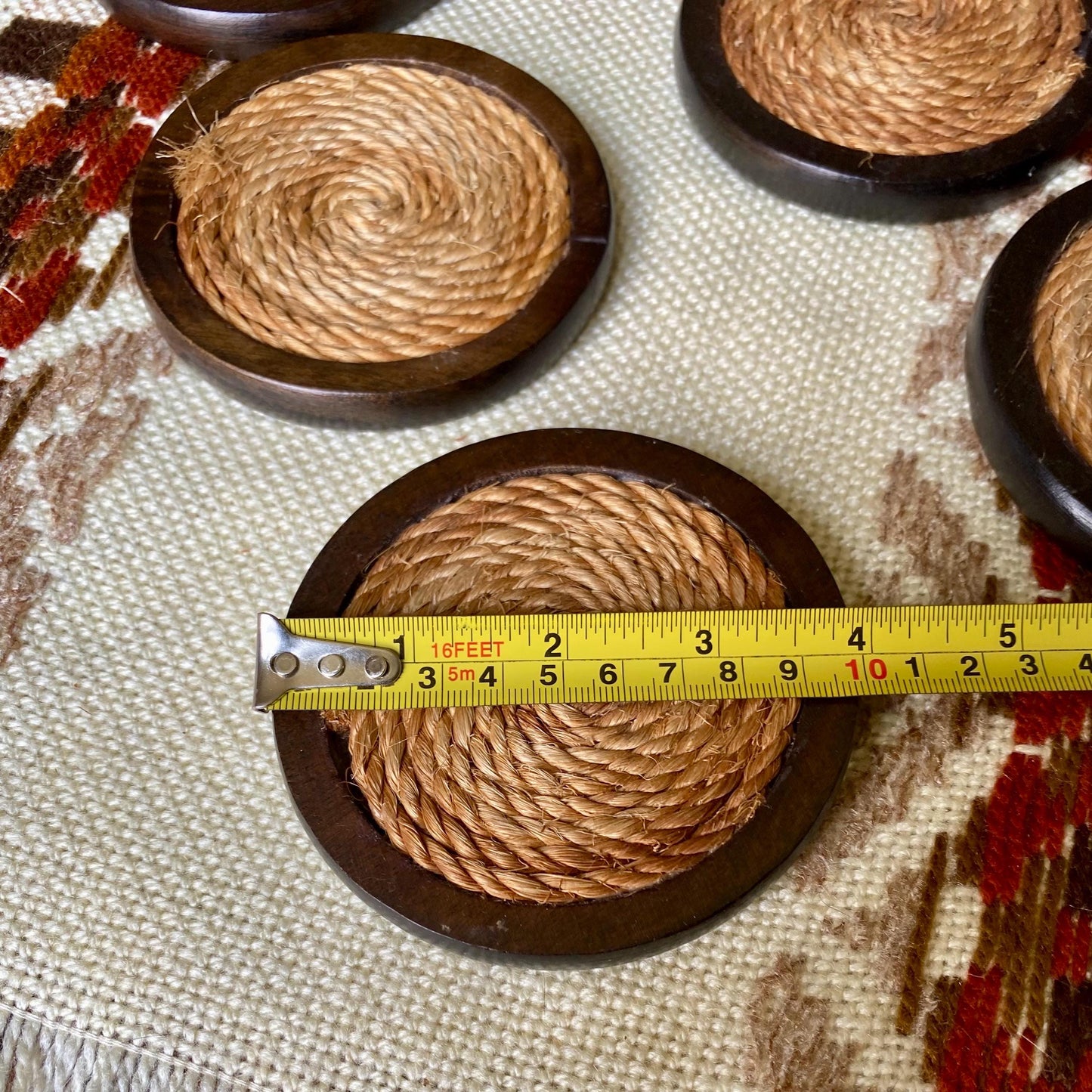 Set of 6 round  Vintage Mid-Century Modern wood and jute coasters