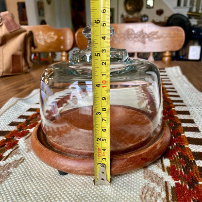 Vintage Dolphin Danish Modern Teak Wood Cheeseball Serving Tray with Glass Cover