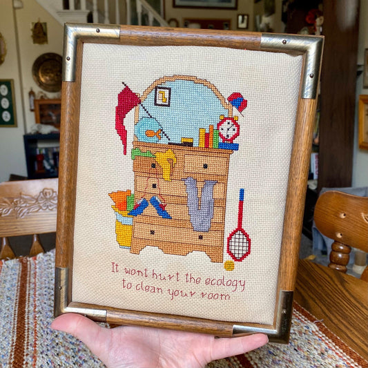 Vintage Messy Room Framed Needlepoint Cross Stitch - Clean Your Room