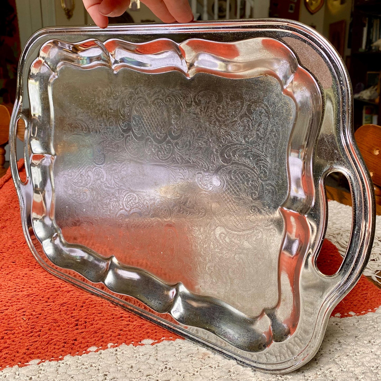 Vintage Irvingware Chrome-Plated Tray with Handles – Ornate Engraved Serving / Trinket Tray