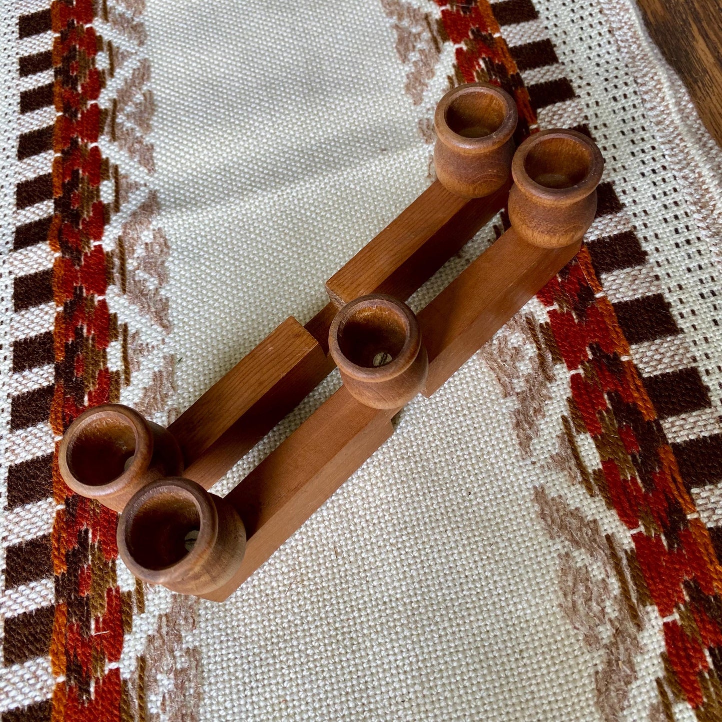 Mid-Century Modern Wooden Scandinavian Criss Cross 5 Candle Candelabra