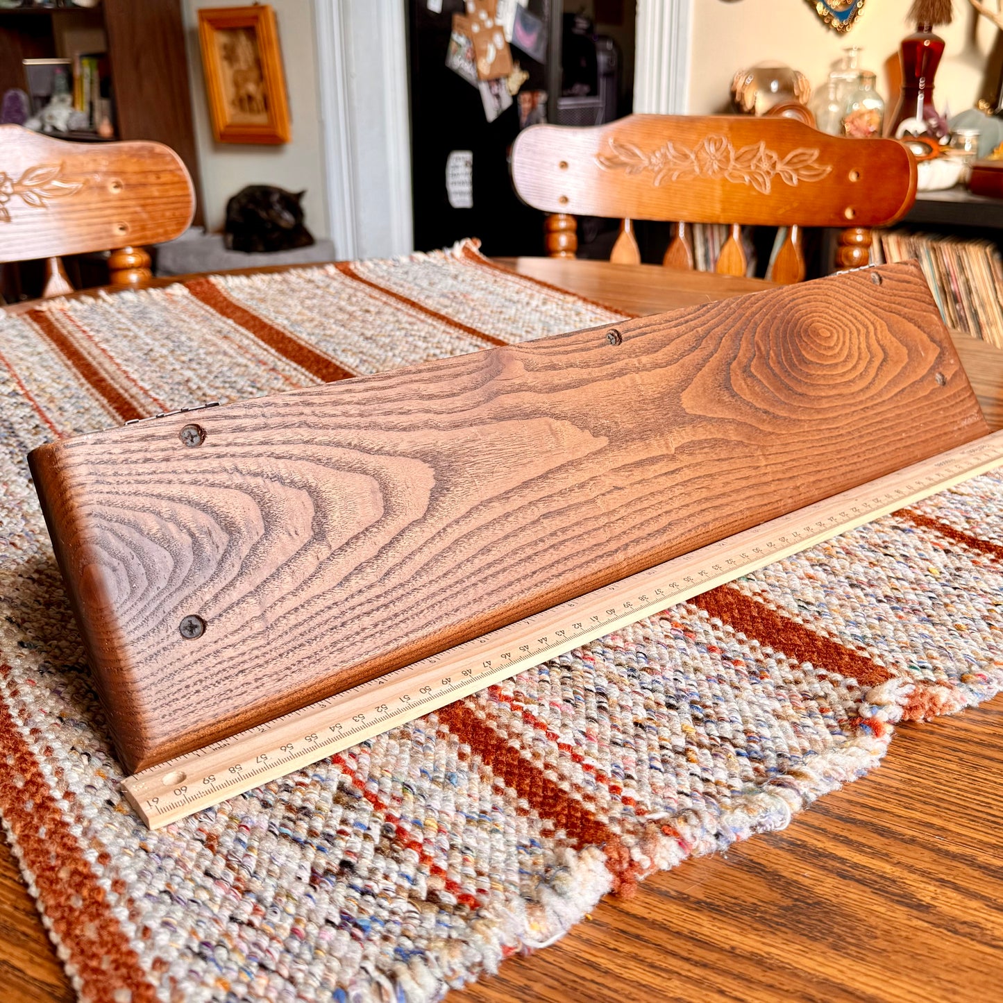 Vintage Solid Oak Amish Wood Shelf with Heart Cut Out and Two Hangers
